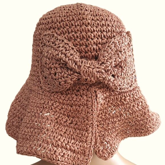 Straw Bucket Crochet Hat With Bow Soft Rose Open Weave - Picture 11 of 13